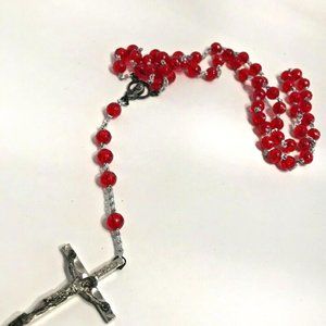Virgin Mary Red Rosary Beads Rosary Silvertone